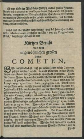 Kürtzen Bericht von dem ungewöhnlichen grossen letzten Cometen.