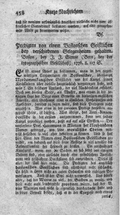 Predigten von einem Bostonschen Geistlichen bey verschiedenen Gelegenheiten gehalten.