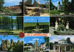 Postkarte. Das Lipperland. Oerlinghausen, Bad Salzuflen, Detmold - Schloß, Donoper Teich, Hermannsdenkmal, Schwalenberger Trachten, Extersteine, Blomberg, Bad Meinberg