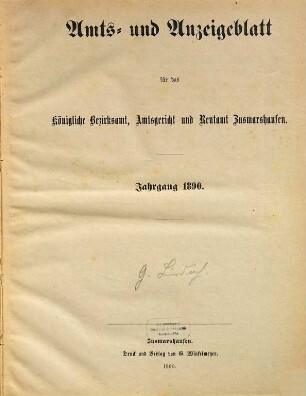Amts- und Anzeigeblatt für das Königliche Bezirksamt Zusmarshausen. 1890
