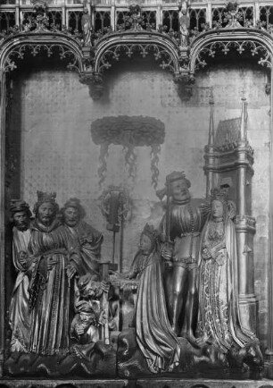Altar der Heiligen und Märtyrer — Mittelflügel mit drei Heiligenlegenden — Das Martyrium der heiligen Katharina und der heiligen Barbara