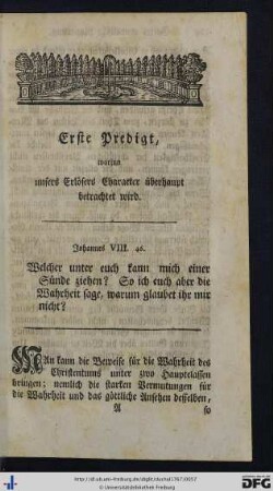 Erste Predigt, worinn unsers Erlösers Character überhaupt betrachtet wird.