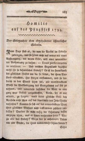 Homilie auf das Pfingsfest 1794. Bey Gelegenheit eben abgehaltener öffentlicher Gebethe