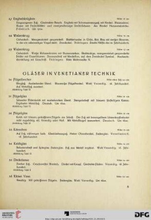 Gläser in venetianer Technik, Gläser mit Emailmalerei, geschliffene Gläser, Zwischengoldgläser, Künstlergläser (Nr. 30-110)