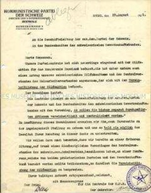 Schreiben der Zentrale der KP der Schweiz an die Geschäftsleitung der Sozialdemokratischen Partei der Schweiz zur Koordinierung der Hilfsaktionen "für das hungernde Russland"