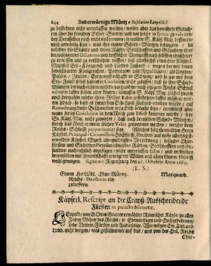 Käyserl. Rescript an die Crayß-Ausschreibende Fürsten in puncto Monetae
