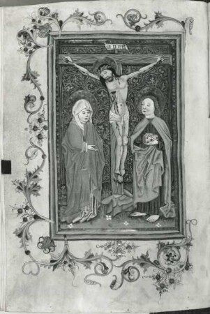 Christus am Kreuz mit Maria und Johannes : Christus am Kreuz mit Maria und Johannes (sogenanntes Kanonbild). Illuminierte Seite des Missare Romanum, Buchmalerei, 33,8 x 24 cm, Schlesien, 15. Jahrhundert