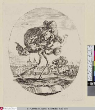 [Der Tod trägt ein kopfüber hängendes Kind fort; La mort emportant un enfant, la tête en bas; Death carrying off an infant]