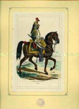 Uniformdarstellung, Dragoner der Kaiserlichen Garde, Frankreich, 1812. Tafel 18 aus: Bellangé: Die Soldaten der französischen Republik und des Kaiserreichs.