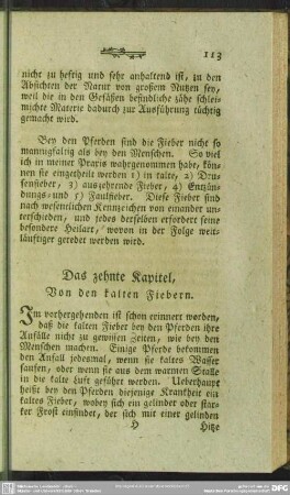 Das zehnte Kapitel, Von den kalten Fiebern