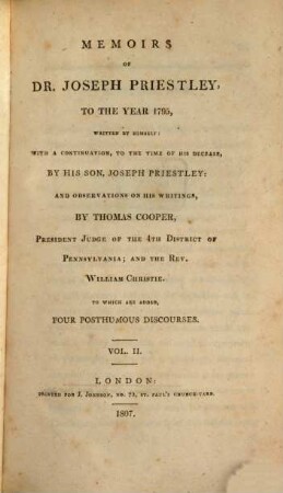 Memoirs of Dr. Joseph Priestley to the Year 1795, 2