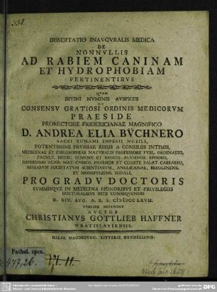 Dissertatio Inauguralis Medica De Nonnullis Ad Rabiem Caninam Et Hydrophobiam Pertinentibus