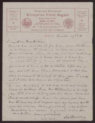 Schreiben an Hermann Muthesius (Brief)