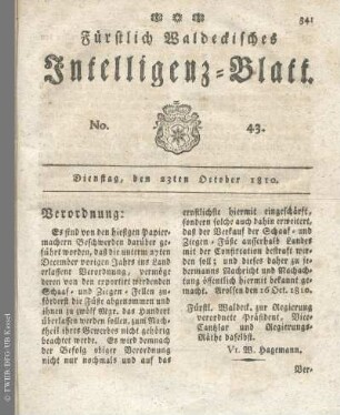 No. 43, Dienstag, den 23ten October 1810