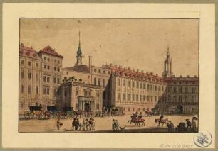 Das Residenzschloss in Dresden, Blick nach Nordwesten in die Schlossgasse (heute Schloßstraße), links das Portal in den kleinen Schlosshof, Radierung um 1820