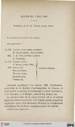 Séance du 5 mai 1893: présidence de S. E. Yacoub Pacha Artin
