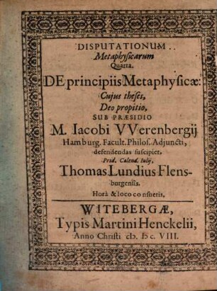 Disputationum metaphysicarum ..., 4. De principiis metaphysicae