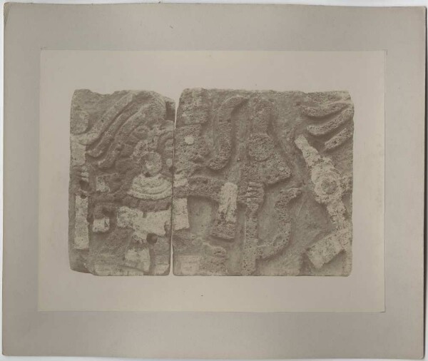 Tezontle plate, painted with a relief of dancing warrior figures.