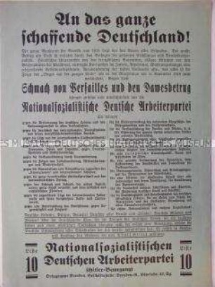 Propagandaflugblatt der NSDAP zur Reichstagswahl 1928 mit Polemik gegen den Versailler Vertrag und den Dawes-Plan