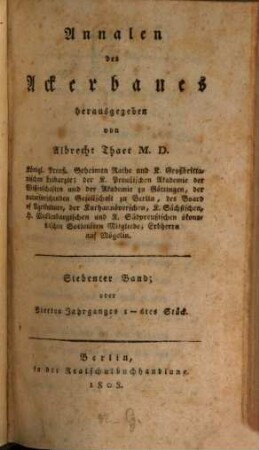 Annalen des Ackerbaues. 7 = Jg. 4. 1808, Stück 1 - 6