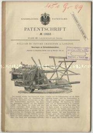 Patentschrift über Neuerungen an Garbenbinder, Patent-Nr. 13553