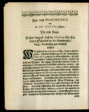 Aus dem Prognostico des M. DC. XXXVIII. Jahres. Die erste - fünffte Frage.