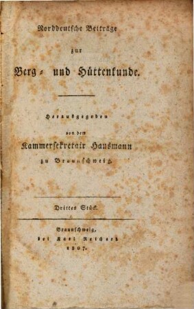 Norddeutsche Beiträge zur Berg- und Hüttenkunde, 3. 1807