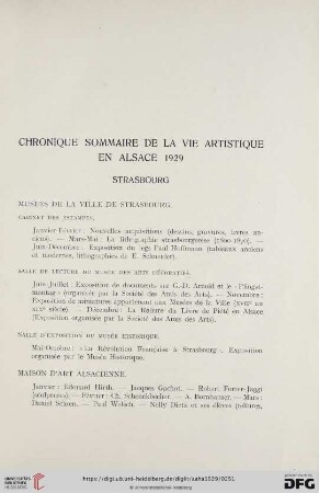 Chronique sommaire de la vie artistique en Alsace 1929