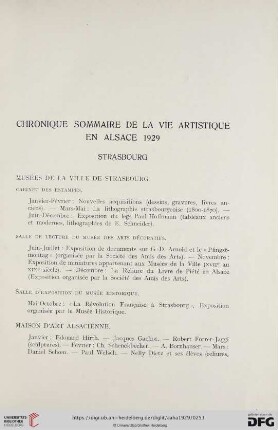 Chronique sommaire de la vie artistique en Alsace 1929