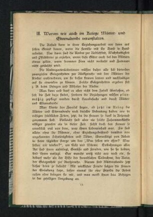 III. Warum wir auch im Kriege Mütter- und Elternabende veranstalten
