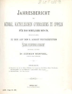 Jahresbericht des Königlichen Katholischen Gymnasiums zu Oppeln : über das Schuljahr ..., 1878/79