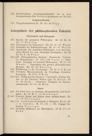 61-68, Lehrgebiete der philosophischen Fakultät