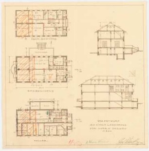 Landhaus: Grundriss 1:200: Keller, Erdgeschoss, Obergeschoss; Längsschnitt 1:200; Querschnitt 1:200