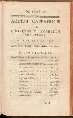 Aretaei Cappadocis De Diuturnorum Morborum Curatione Liber Secundus