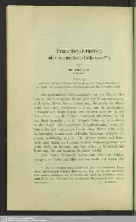 Evangelisch-luthérisch oder evangelisch-lútherisch? : Vortrag gehalten auf der Diözesanversammlung der Ephorie Dresden I im Saale des evangelischen Vereinshauses am 22. November 1897