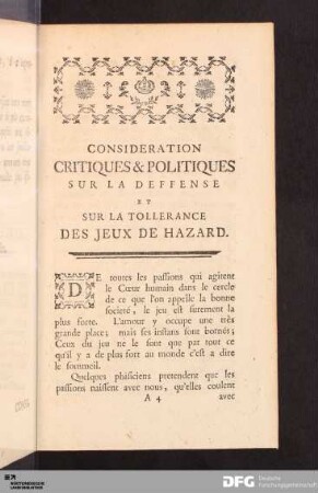 Consideration Critiques & Politiques Sur La Defense Et Sur La Tollerance Des Jeux De Hazard.