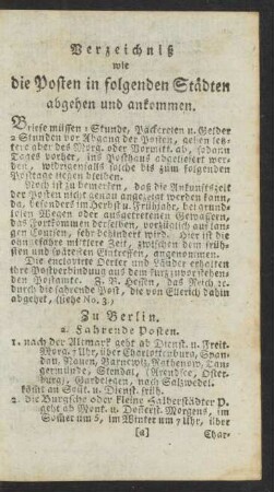 Verzeichniß wie die Posten in folgenden Städten abgehen und ankommen.