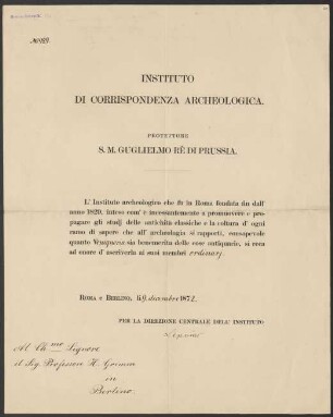 Urkunde Mitgliedschaft des Instituto di Corrispondenza Archeologica