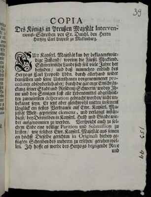 Copia Des Königs in Preußen Interventions-Schreiben vor Sr. Durchl. den Herrn Hertzog Carl Leopold zu Mecklenburg : Berlin den 6. Octobr. 1733