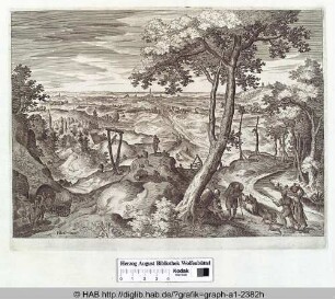 Landschaft mit Galgen und bäuerlichen Figuren.