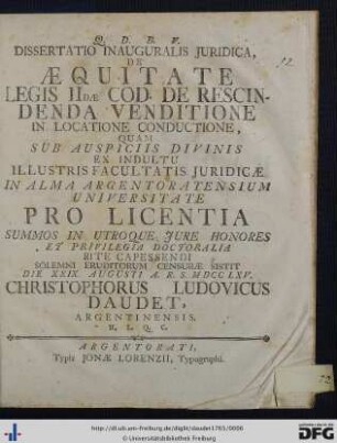 Dissertatio Inauguralis Juridica De Æquitate Legis IIdæ Cod. De Rescindenda Venditione In Locatione Conductione