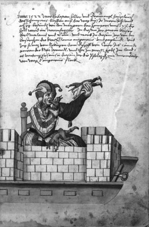 Schembarthandschrift (Texte und Bilder zum Nürnberger Fastnachtswesen) — Bildseite: Der Kindleinfresser (Umzugswagen Anno 1522)