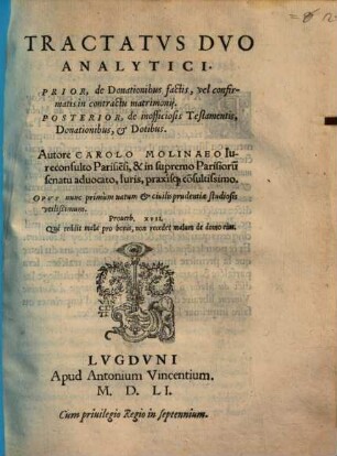 Tractatus duo analyt. de donationibus factis ... in contractu matrimonii ... de inoff. Testamentis