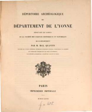 Répertoire archéologique de la France, [5]. Répertoire archéologique du département de l'Yonne