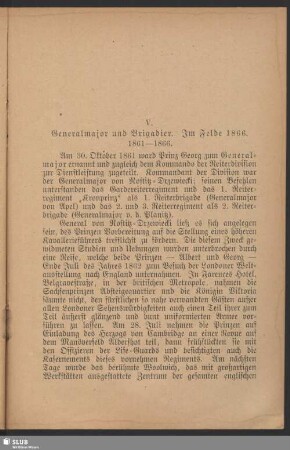 V. Generalmajor und Brigadier. Im Felde 1866. 1861 - 1866