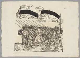 Zehn Soldaten marschieren zu fünft in einer Reihe, bewaffnet mit Speeren, Blatt 120 aus: Marx Treitzsaurwein, "Kaiser Maximilian I Triumph – le triomphe de l’Empereur Maximilien I en une suite de Cent trent cinq planches gravées en bois d’après les dessins de Hans Burgmair", Wien 1796