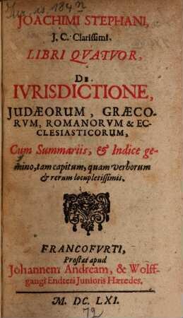 Libri quatuor de iurisdictione Iudaeorum, Graecorum, Romanorum et Ecclesiasticorum