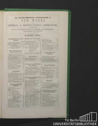 An alphabetical catalogue of new works in general & miscellaneous literature, published by Messrs. Longman, Brown, Green, and Longmans, Paternoster Row, London.