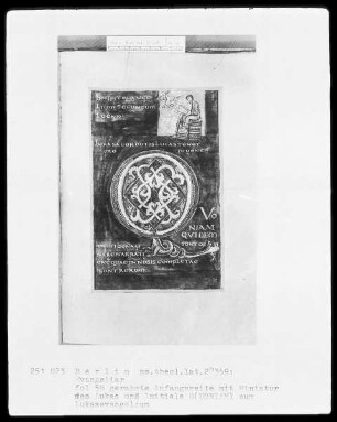 Evangeliar aus Werden — Zierseite mit Initiale Q (UONIAM) und Lukas-Miniatur, Folio 58recto