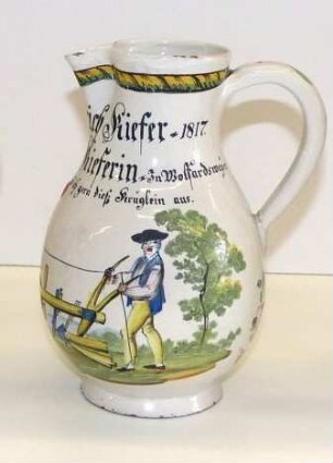 Birnkrug: Bauer beim Pflügen. Trinkspruch